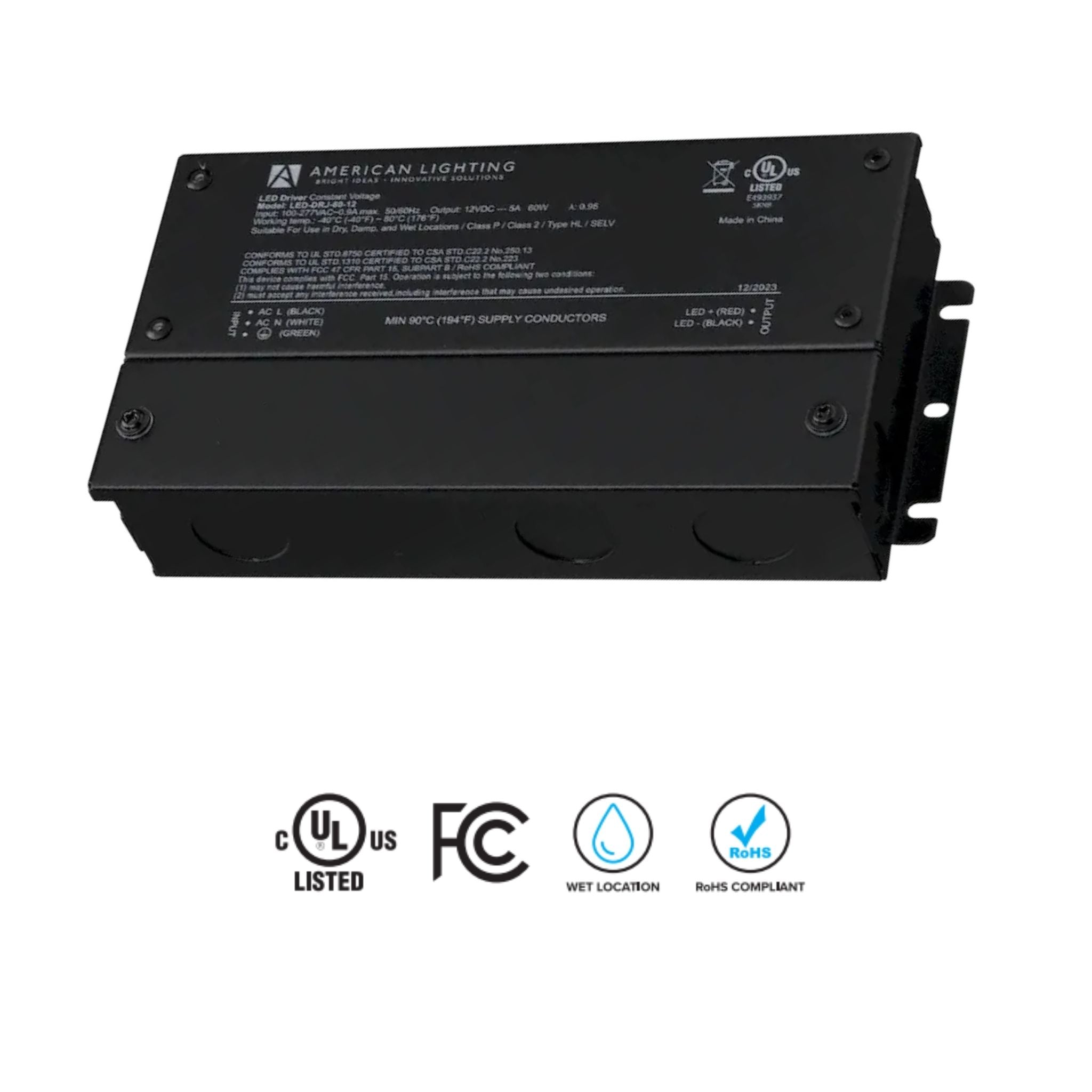 American Lighting LED-DRJ 60W LED Driver 12V DC - Non-Dimmable, Wet Rated, 120-277V