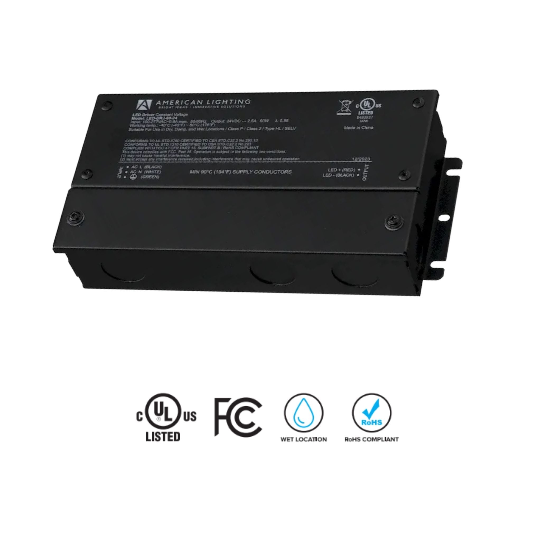 American Lighting LED-DRJ 60W LED Driver 24V Non-Dimming, Wet Rated, Indoor/Outdoor - 120-277V