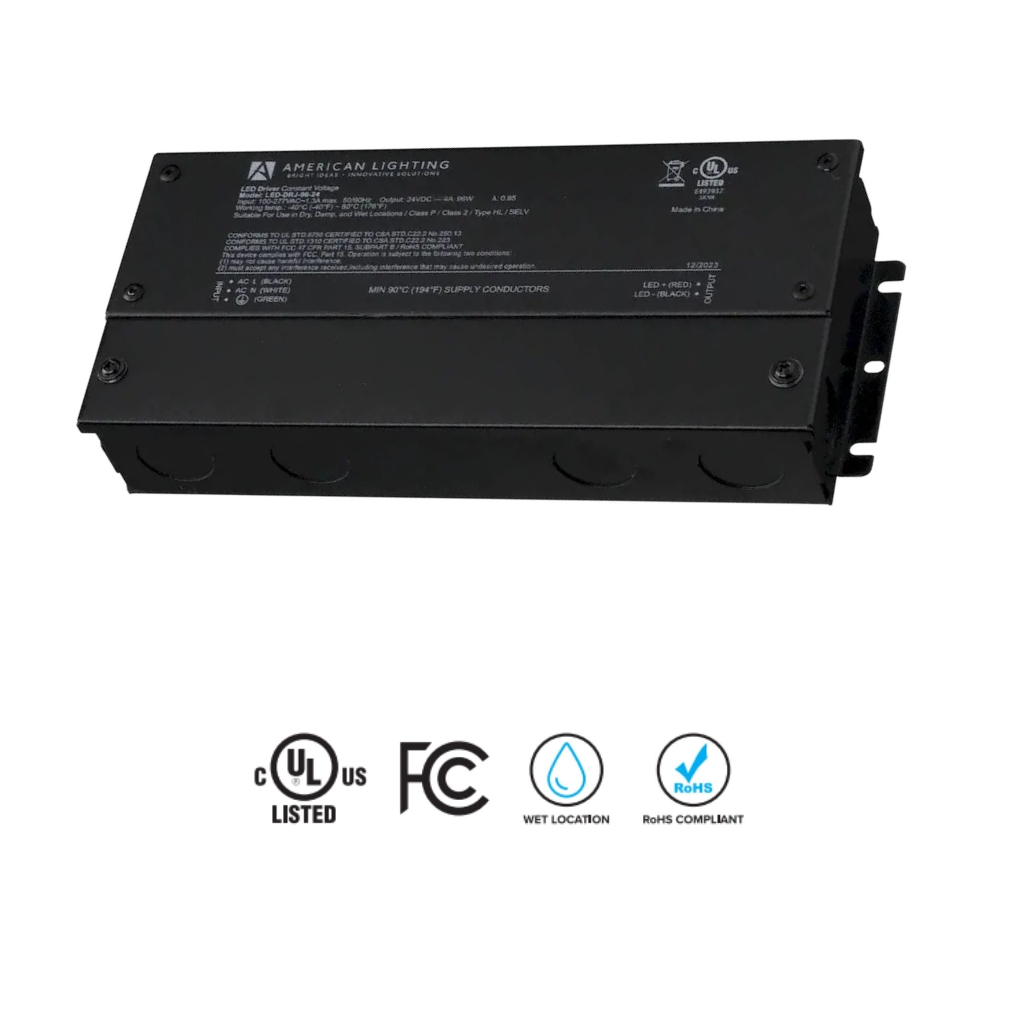 American Lighting LED-DRJ 96W LED Driver 24V DC, Non-Dimming, Integrated Junction Box, Indoor/Outdoor - 120-277V