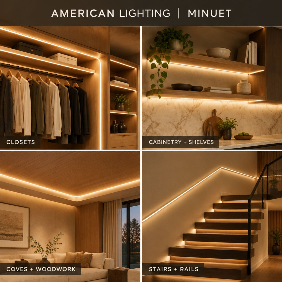 Warm white LED neon strip installed along closet and cabinet edges, plus stairs