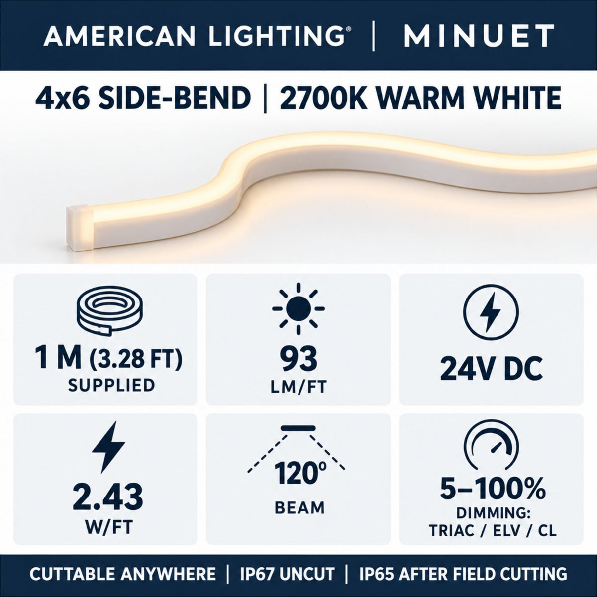 Side-bend LED neon strip, 2700K warm white, 4x6 mm, 24V DC