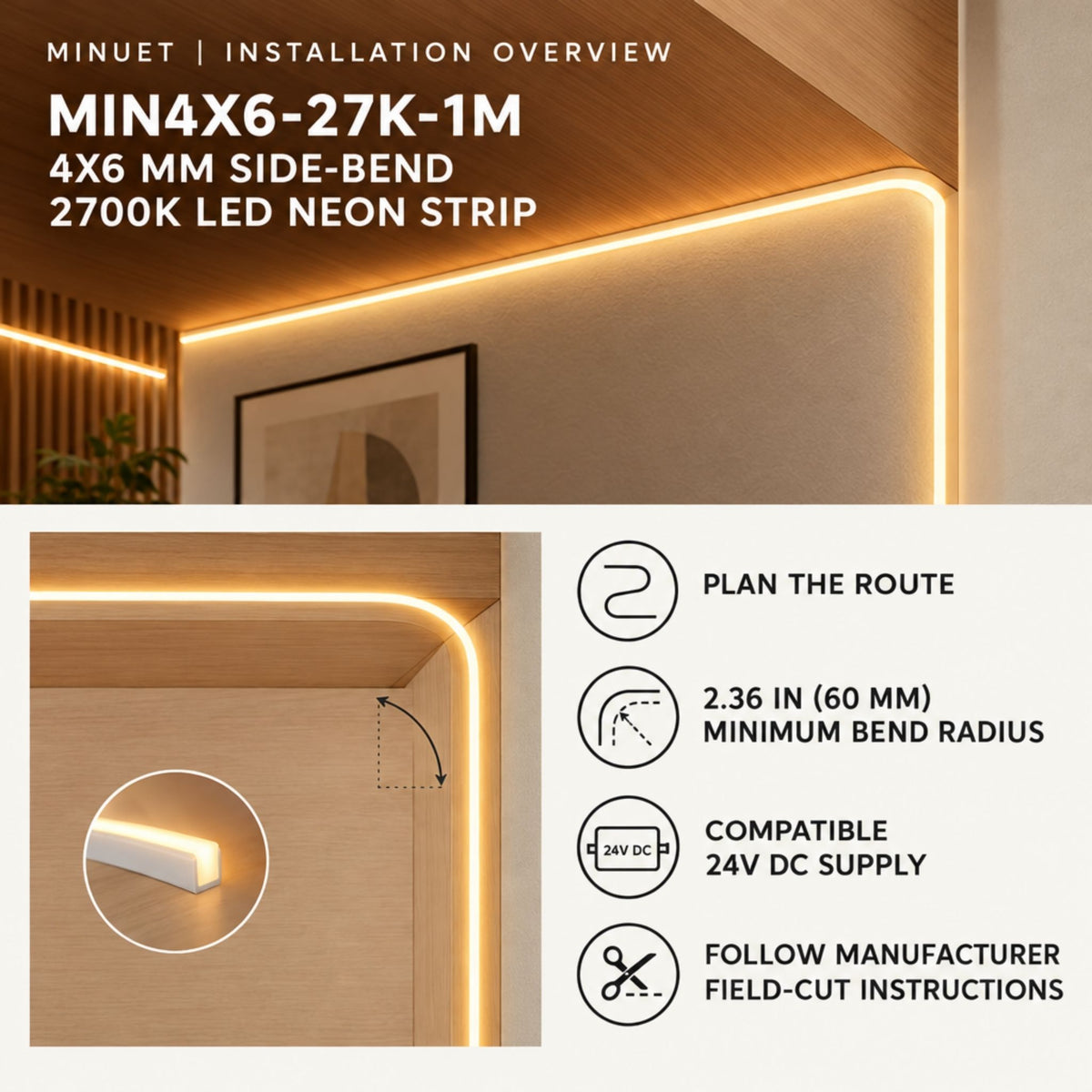 Warm white side-bend LED neon strip forming an L corner, 4x6 mm profile