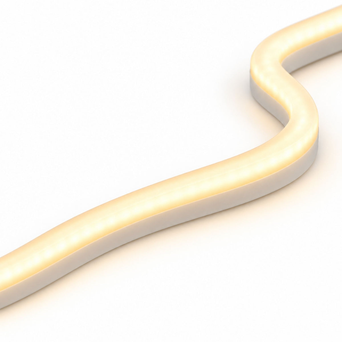 Warm white LED neon strip with smooth side-bend curve, clear diffused channel