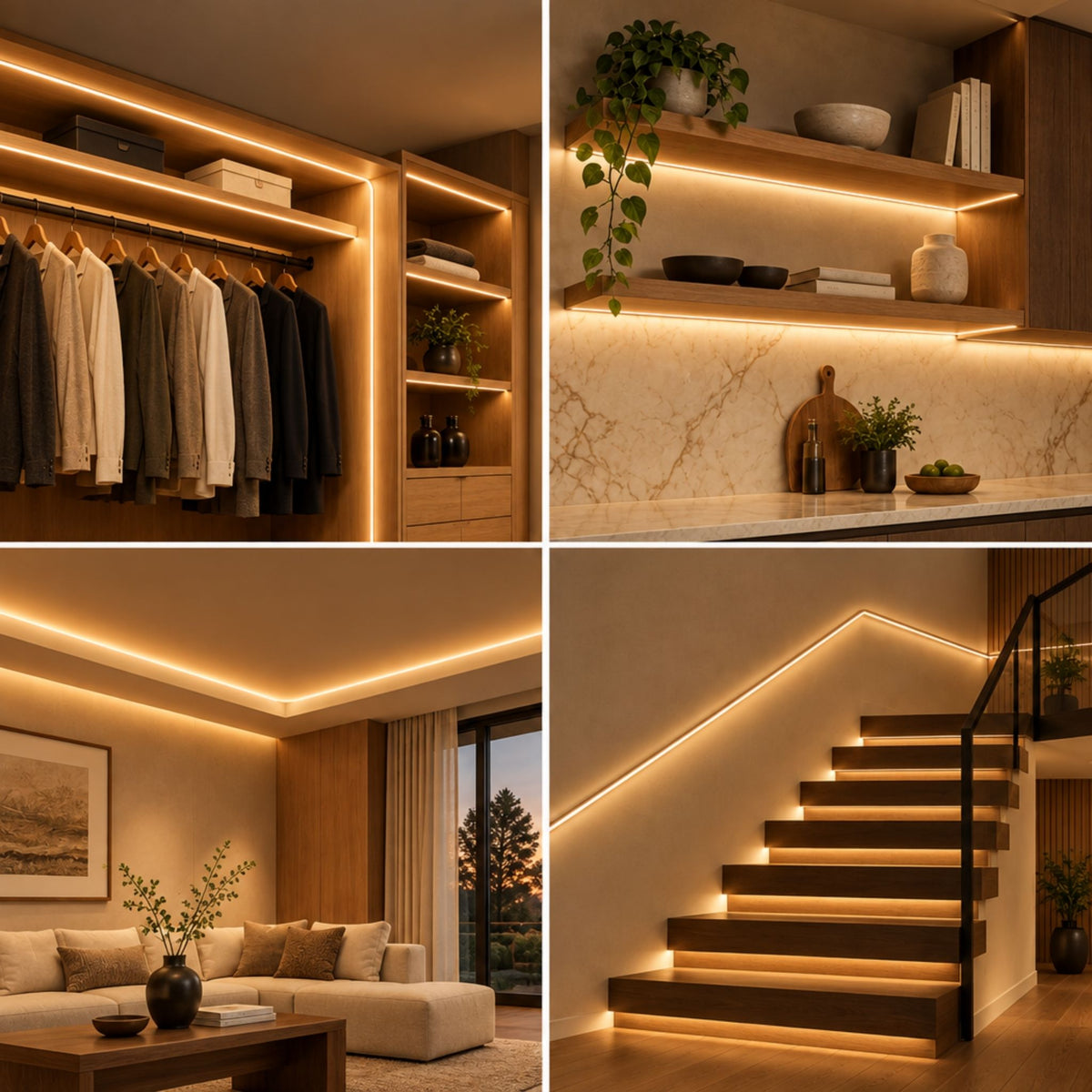 Warm white LED neon strips outlining shelves and stairs in continuous lines