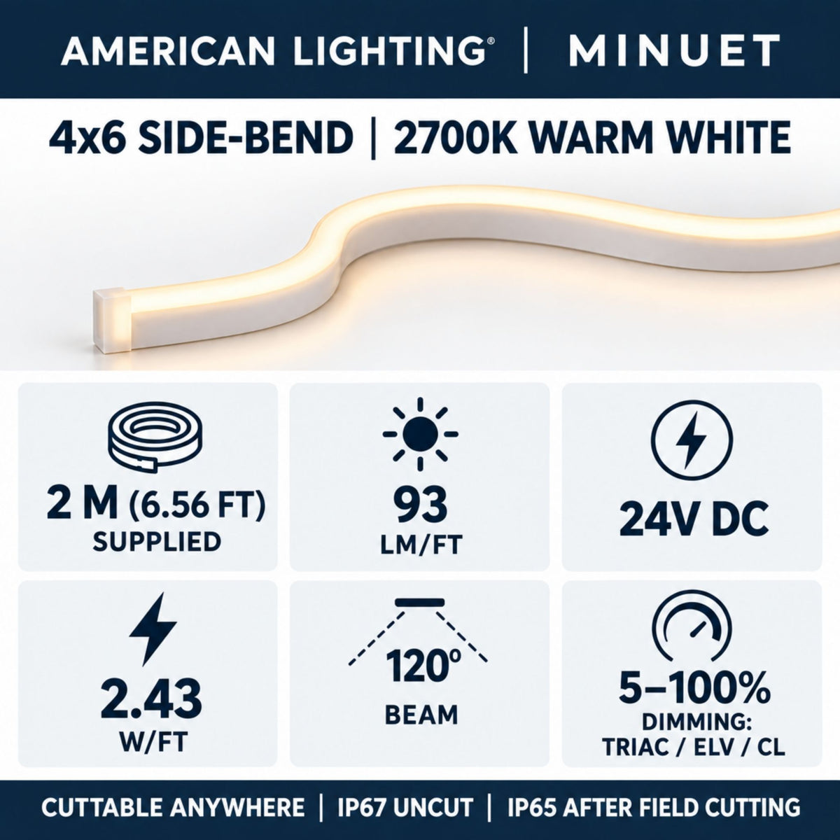 Side-bend LED neon strip with warm white glow in a flexible bent profile