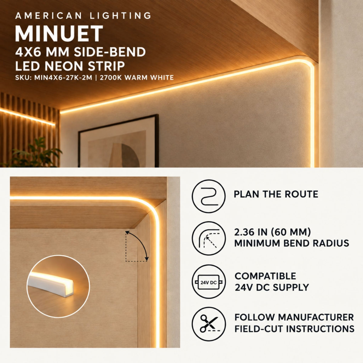 Installed side-bend LED neon strip outlining a wall edge with warm white light