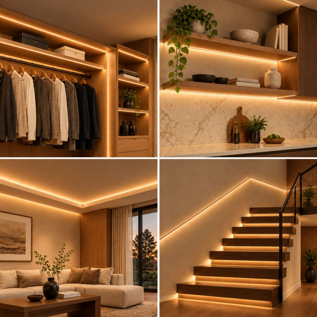 Warm white LED neon strip creating cove lighting lines with side-bend profile