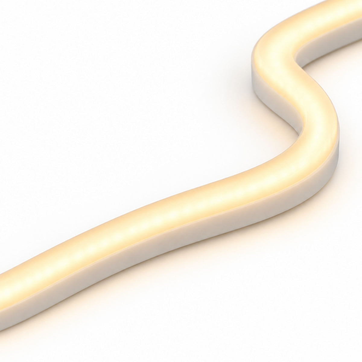 Close-up of side-bend warm white LED neon strip flexible tube with glowing channel