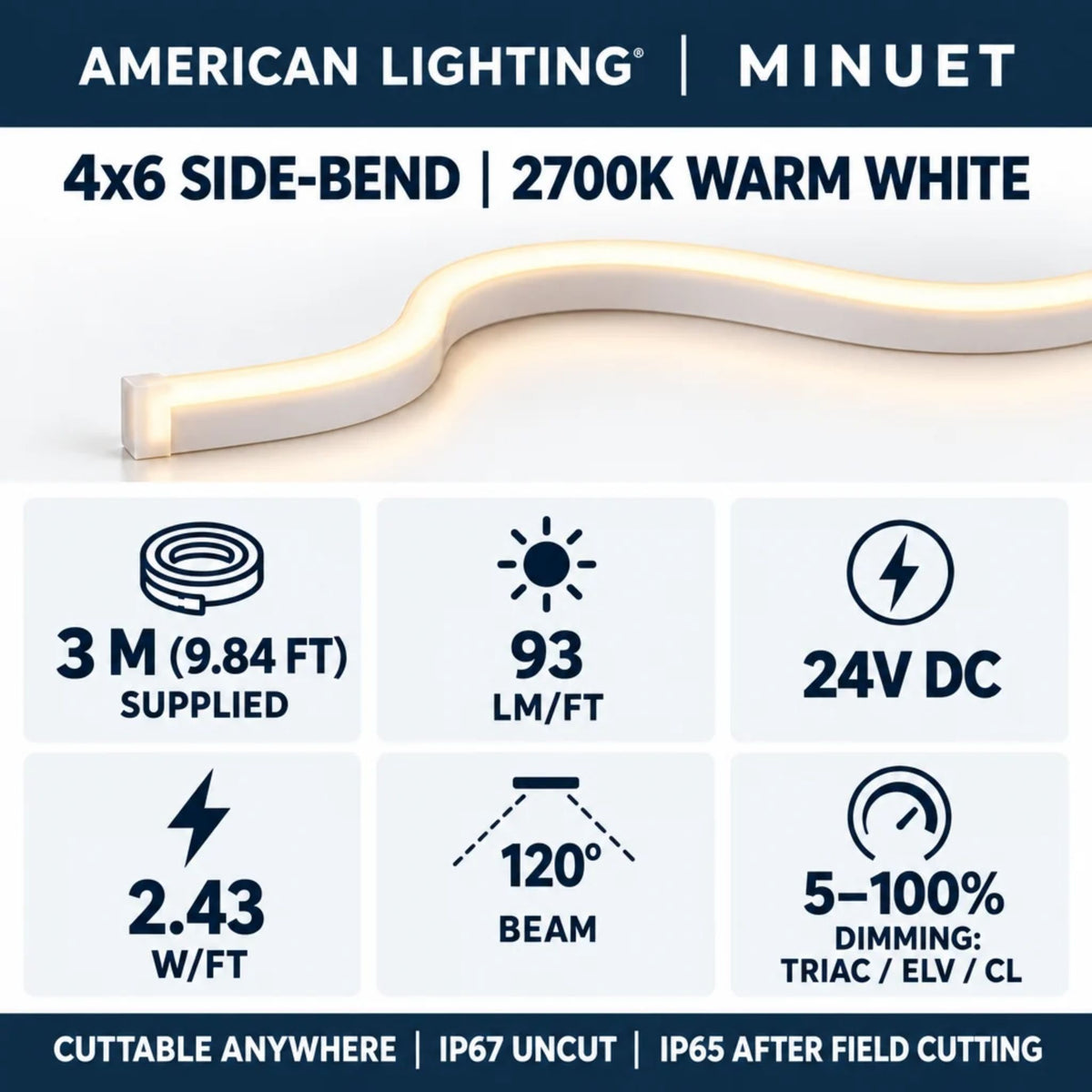 American Lighting Minuet 4x6 side-bend LED neon strip, 2700K warm white, 24V DC