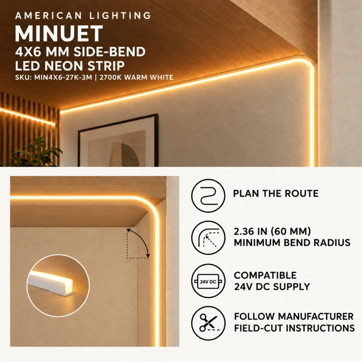 Warm white 4x6 mm side-bend LED neon strip installed along a wall corner