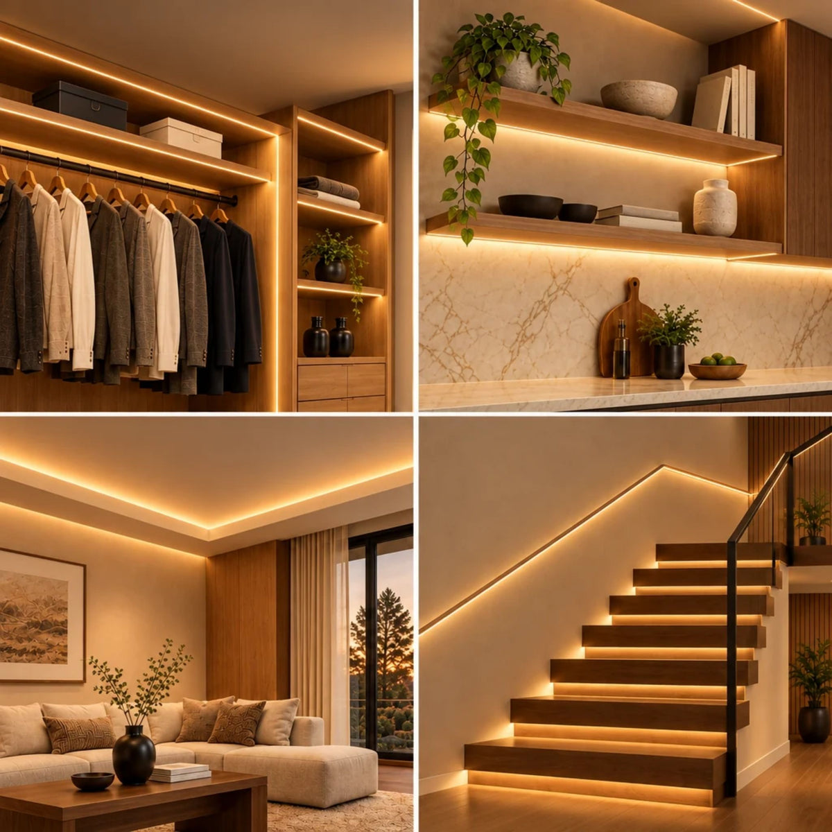 Warm white LED neon strip accent lighting along shelves, wall edges, and stairs
