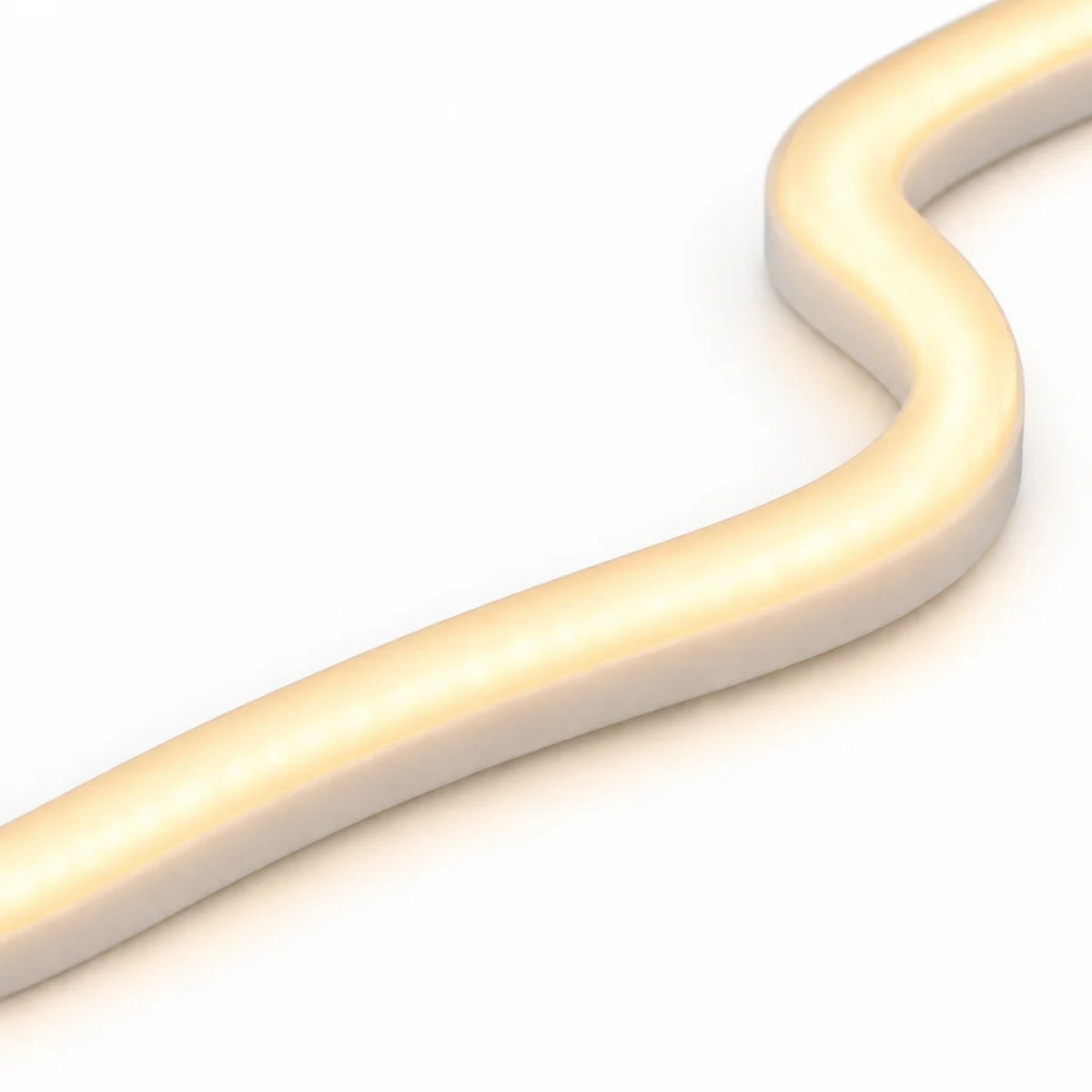 Close-up of warm white side-bend LED neon strip glowing in a curved S shape