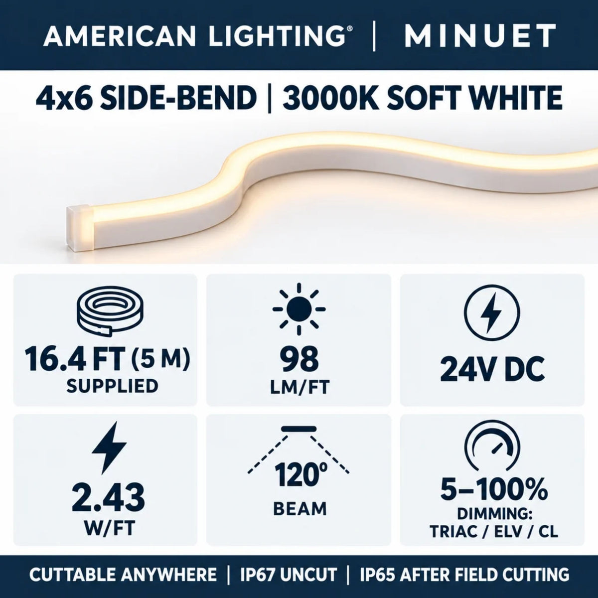 Minuet side-bend LED neon strip section with soft white light and gray plug end