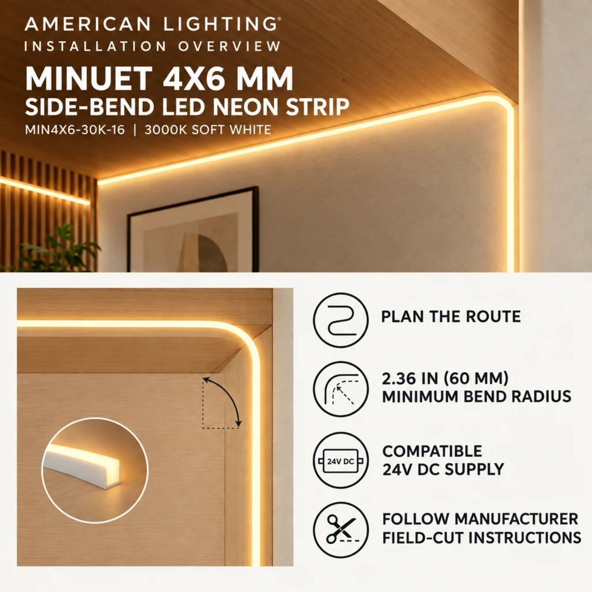 4x6 mm side-bend LED neon strip corner installed, emitting warm soft white line light
