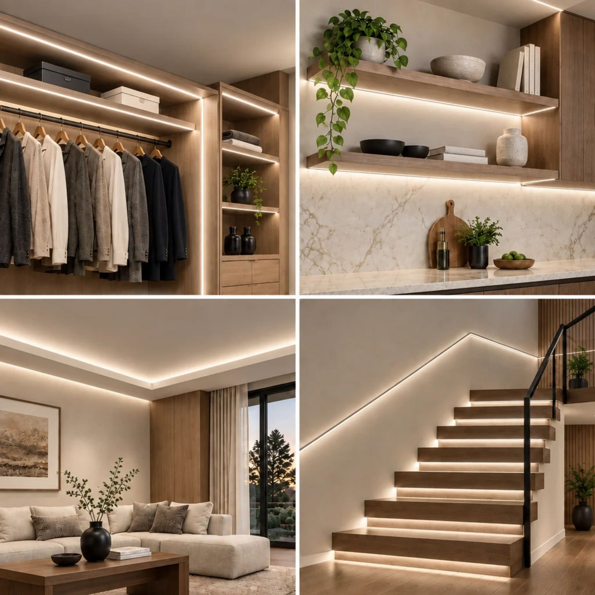 Warm soft white LED neon strip installed along wall edges and stairs, linear glow