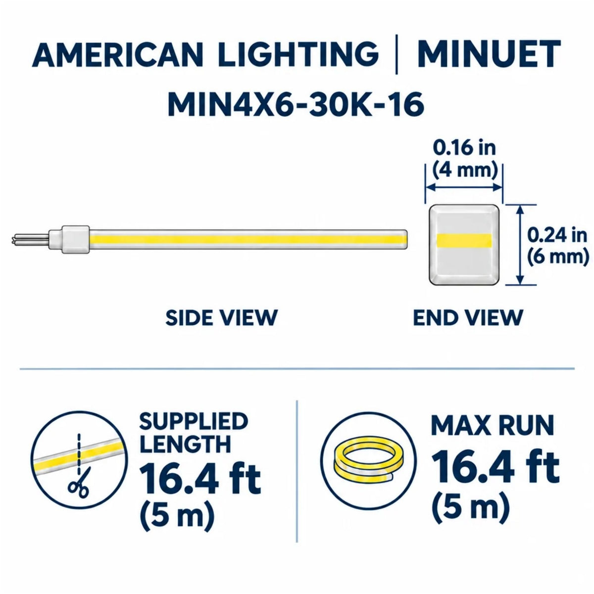 LED neon strip diagram showing side and end views, gray housing, max run 16.4 ft
