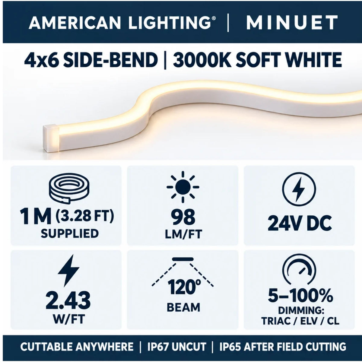 Side-bend LED neon strip label: 4x6, 3000K soft white, 24V DC power