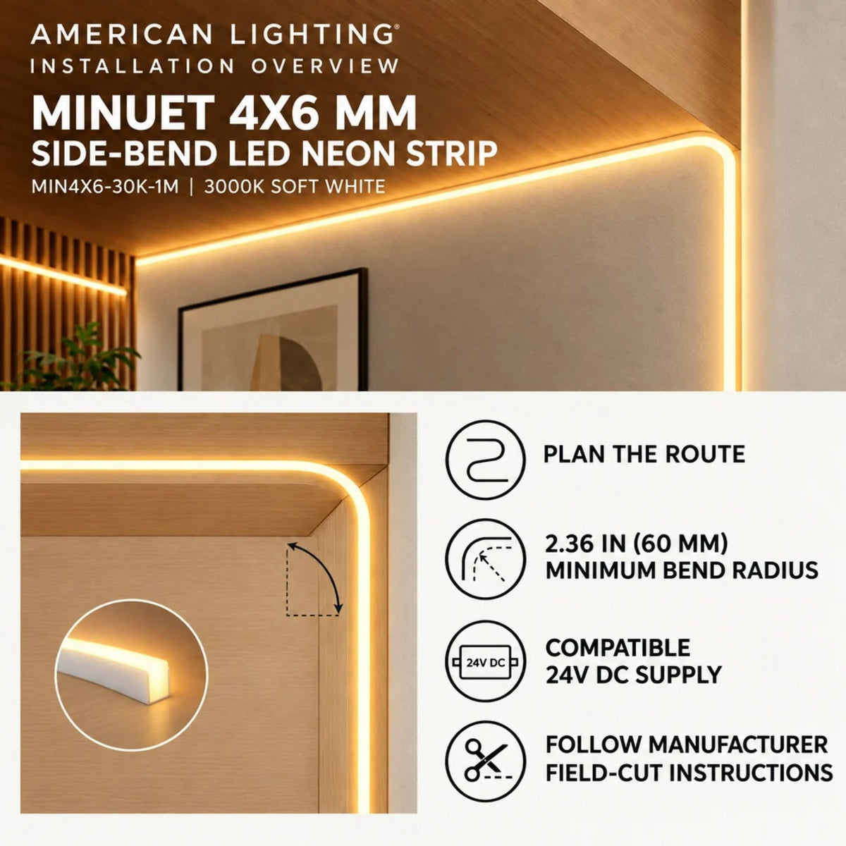 Warm LED strip corner channel shown in installation overview, 4x6 side-bend