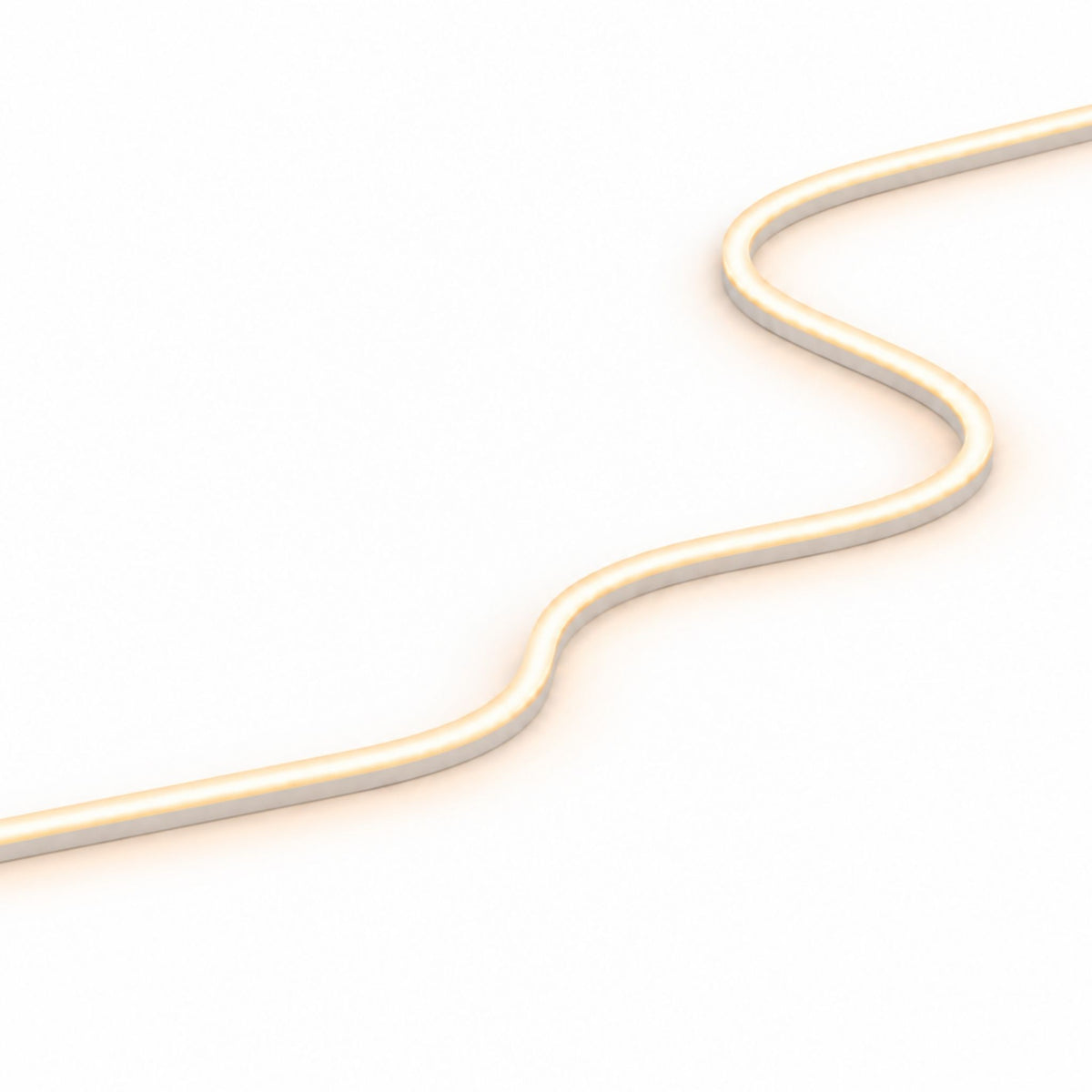 Warm white LED neon strip close-up with side-bend S-shaped curve
