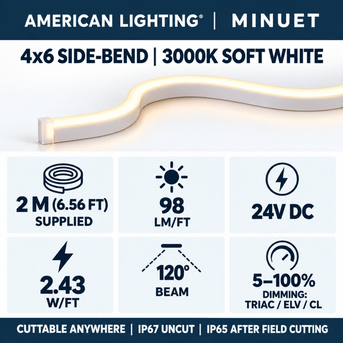 LED neon strip 2 m (6.56 ft) supplied; 3000K soft white, 24V DC specs graphic