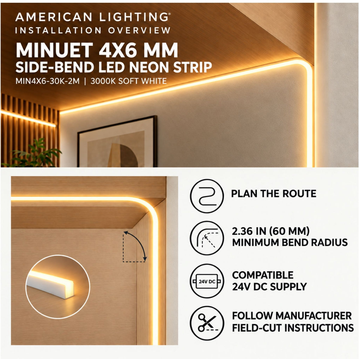 Installation overview for side-bend LED neon strip with bend radius and routing notes