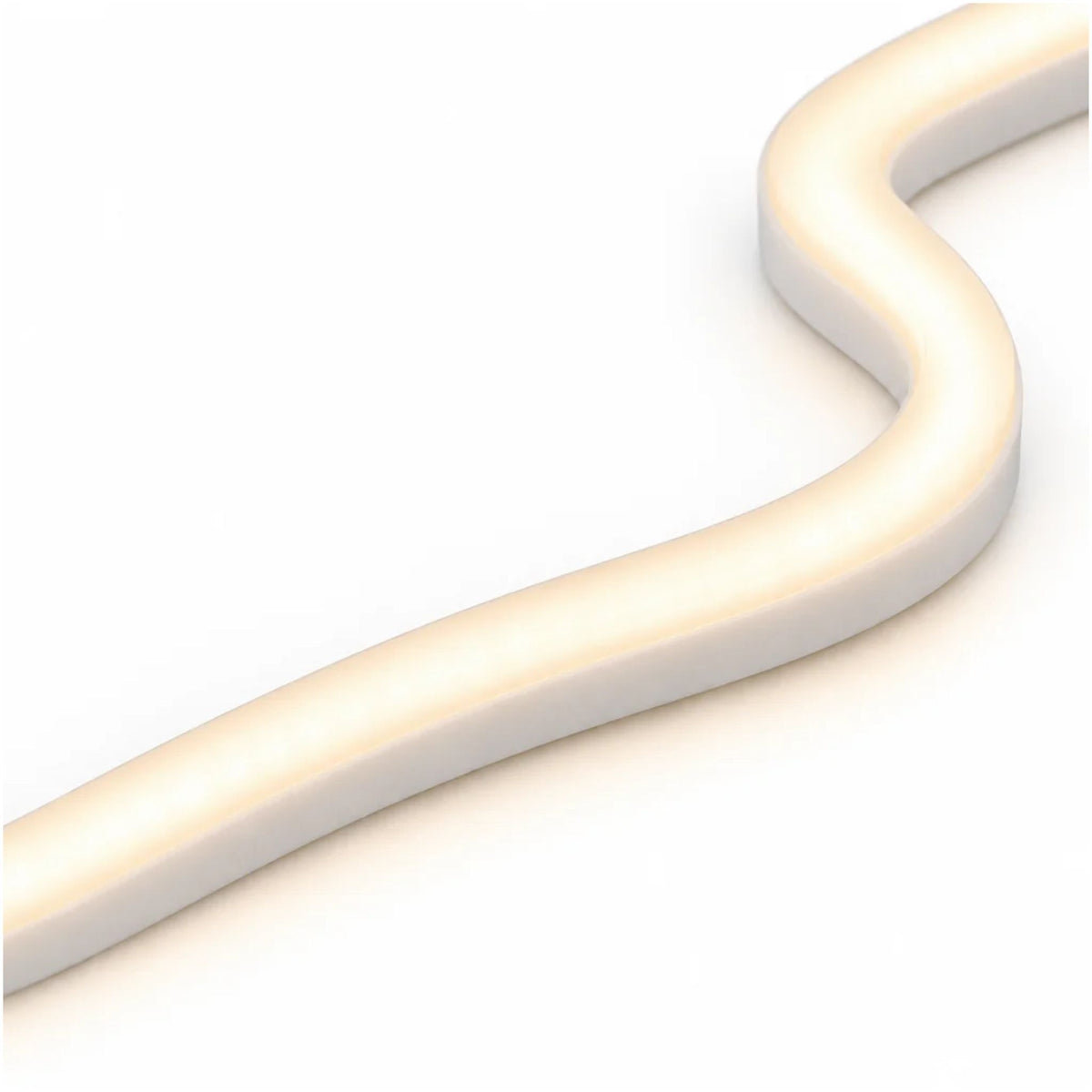 Warm white LED neon strip close-up showing smooth bend and glowing edge