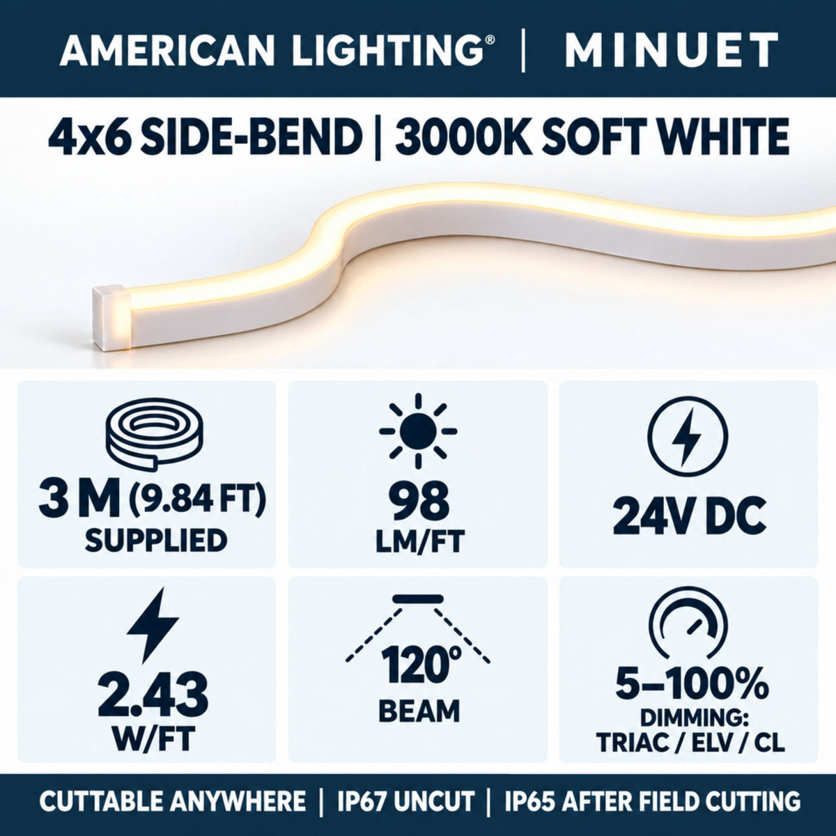 Minuet side-bend LED neon strip with glowing run and squared end connector