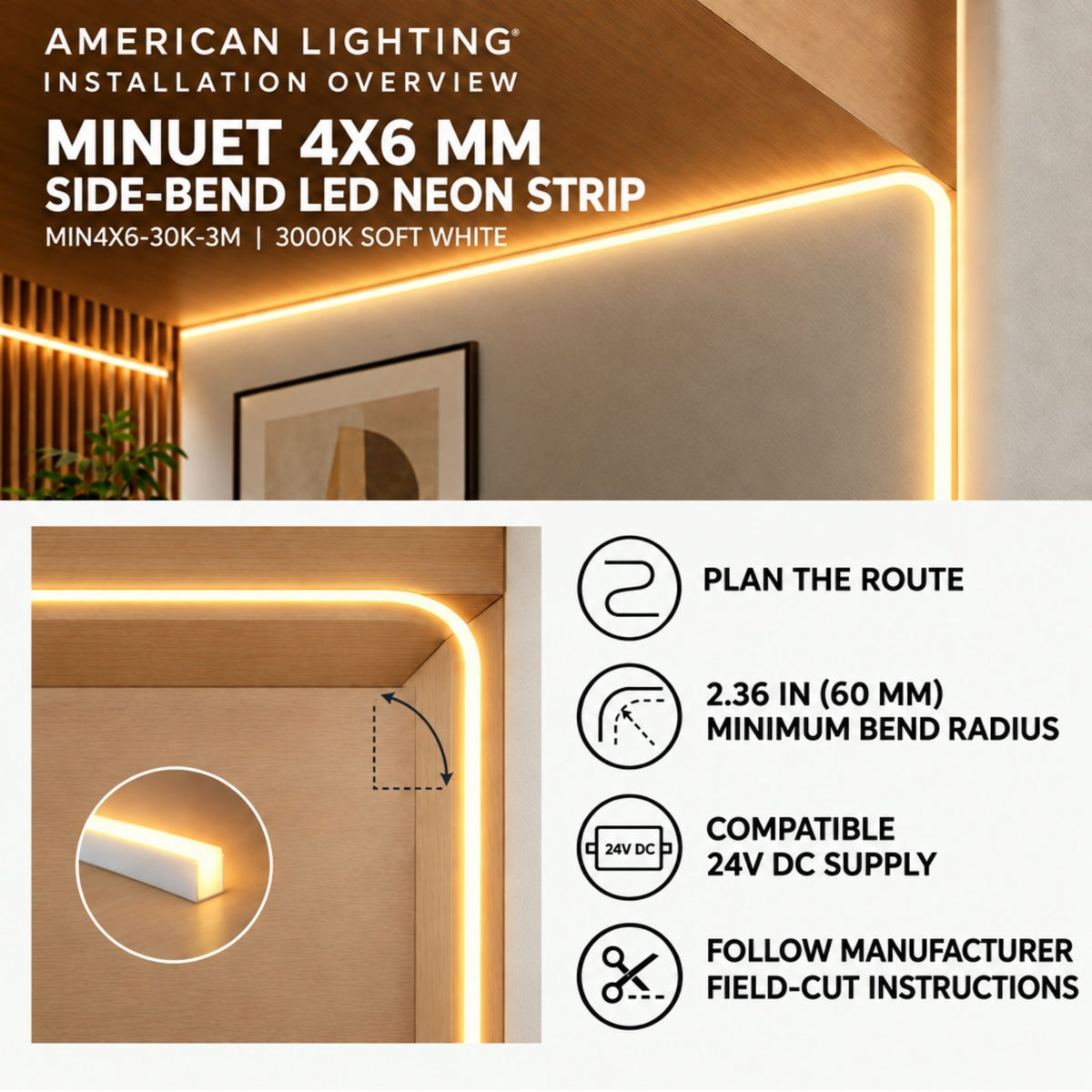 Installation guide showing side-bend LED neon strip corner route with minimum bend radius