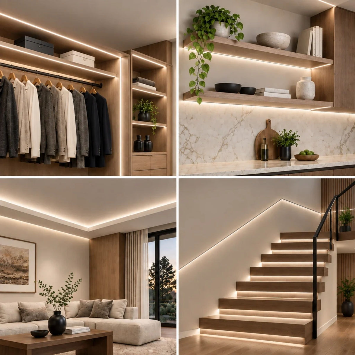 Warm white LED neon strip tracing stair steps and room ledge edges