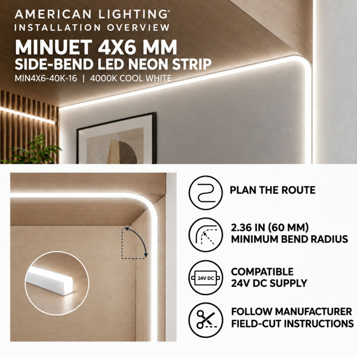 Side-bend LED neon strip installation overview with cool white light and bend route