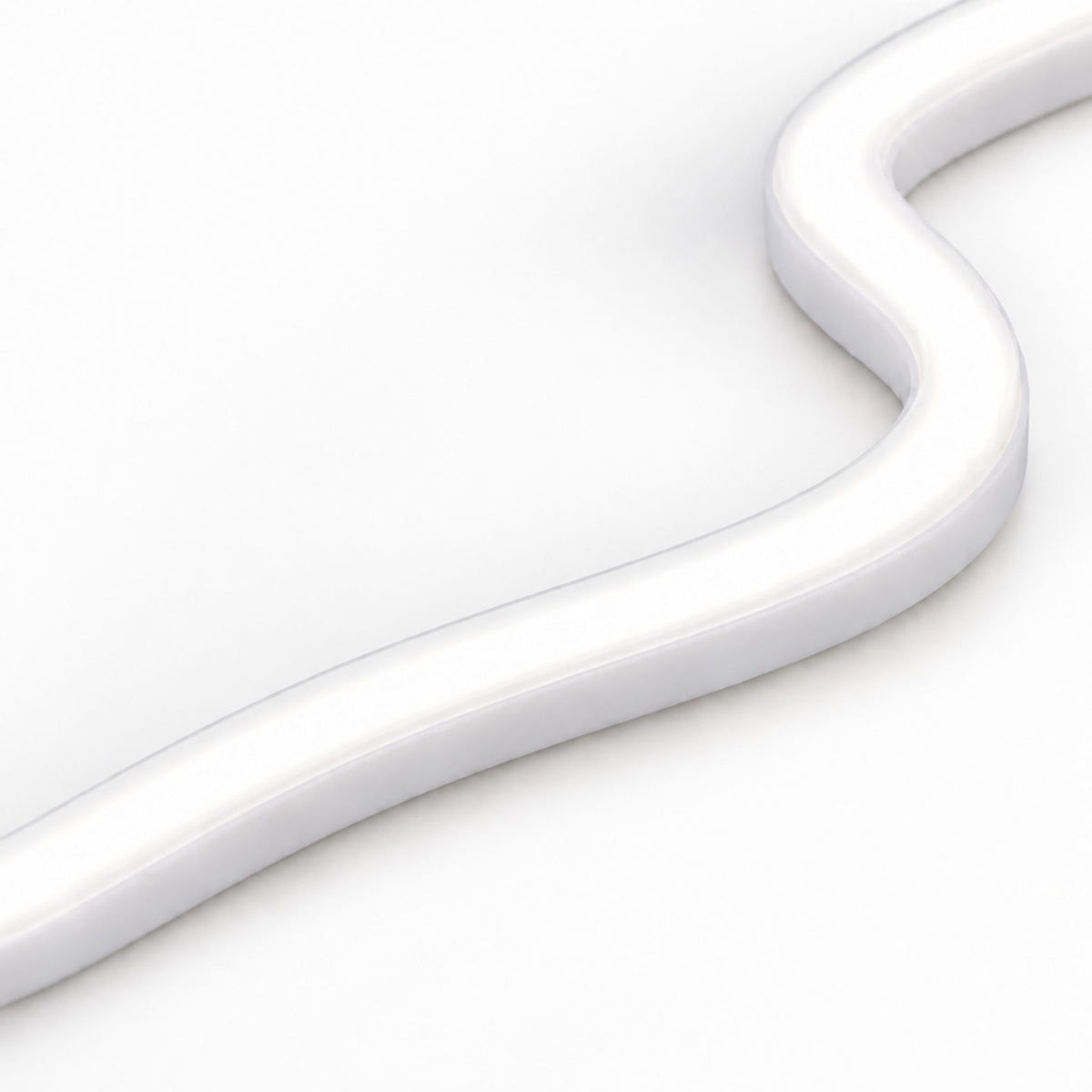 Side-bend LED neon strip close-up with bright cool white glow along the curve