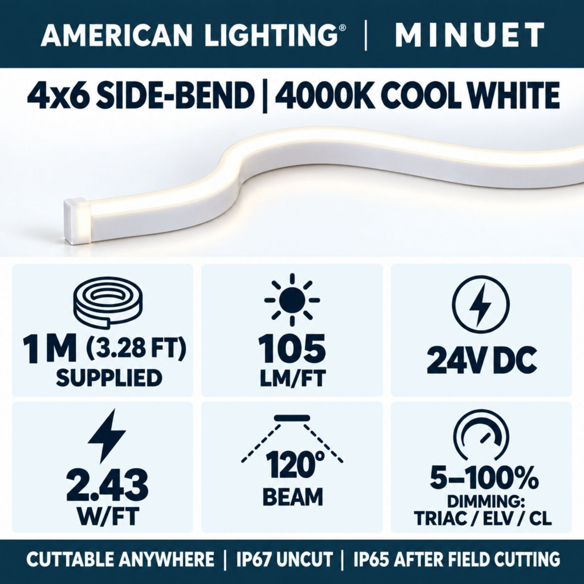 4x6 side-bend LED neon strip with cool white diffuser and illuminated output