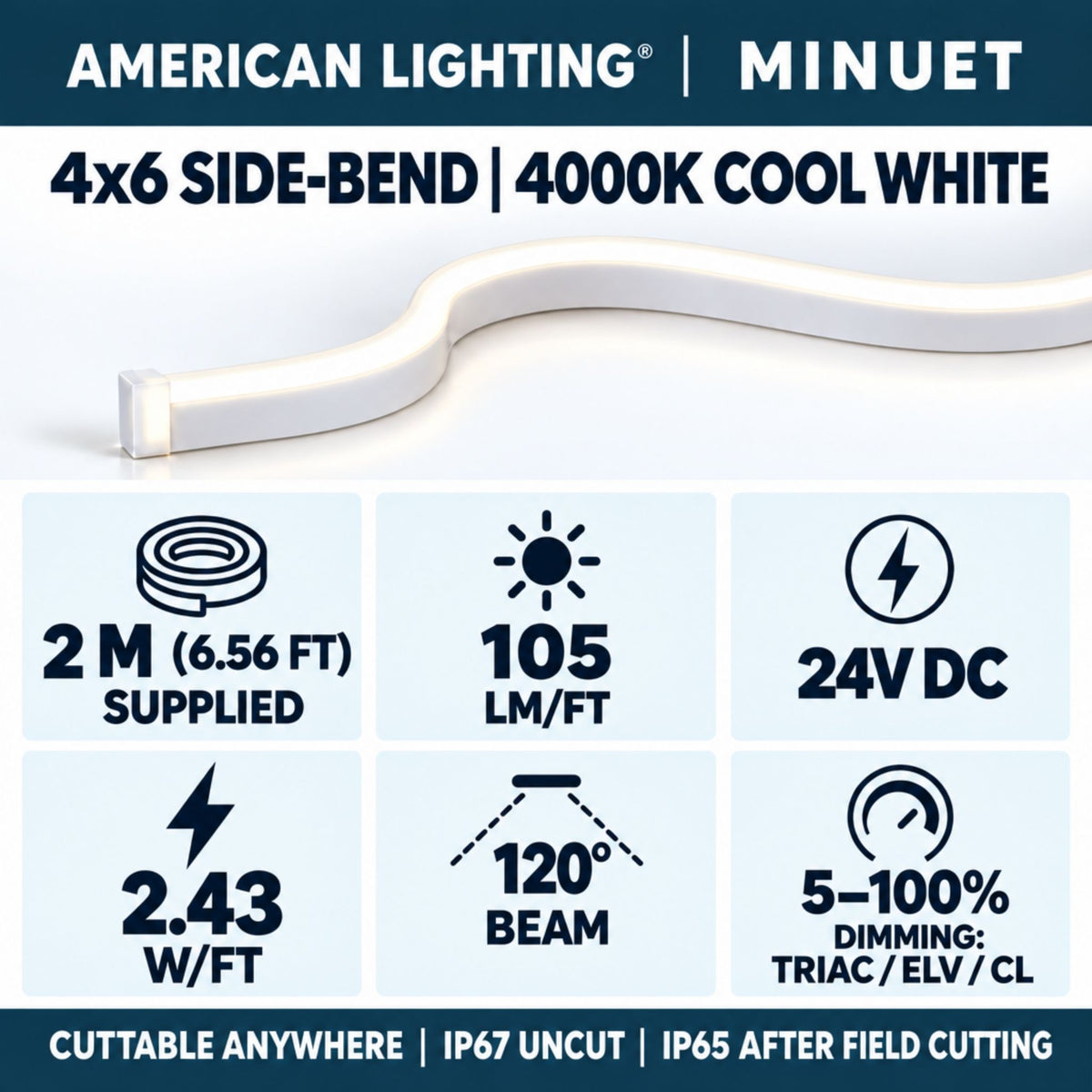 White side-bend LED neon strip with straight and bent sections, connector end visible