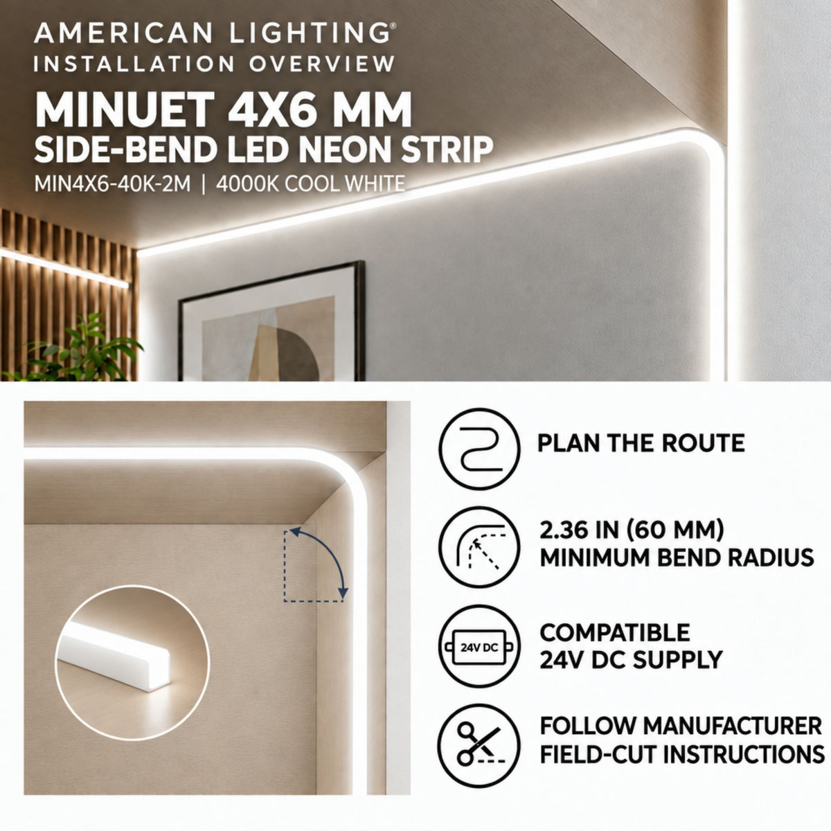 Side-bend LED neon strip mounted along an interior recess with bright linear glow