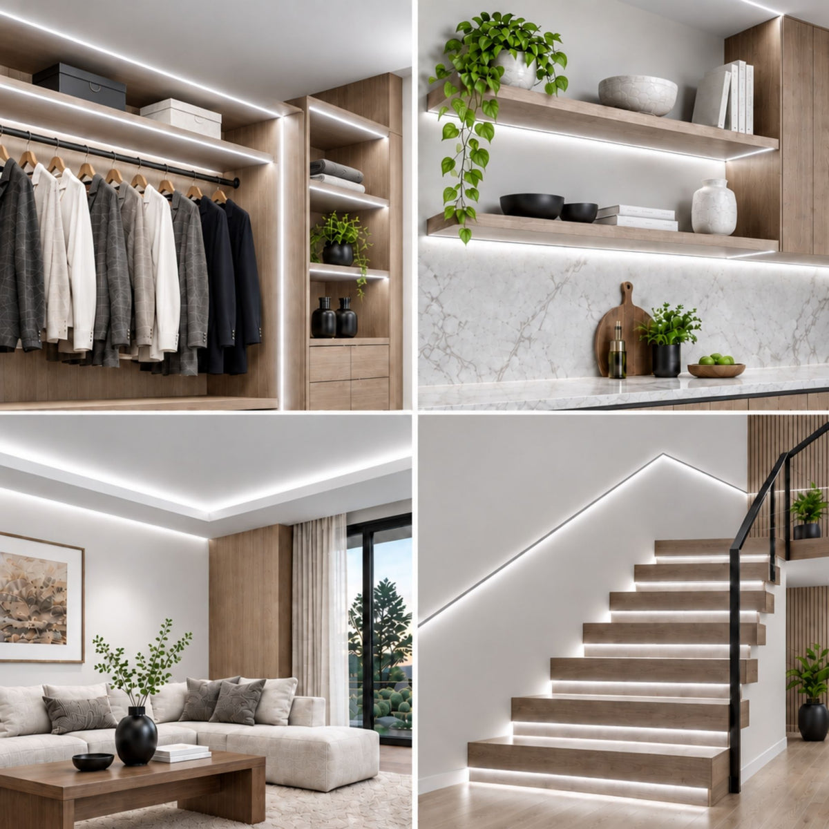 Linear LED neon strip lighting along a built-in interior edge, warm white glow