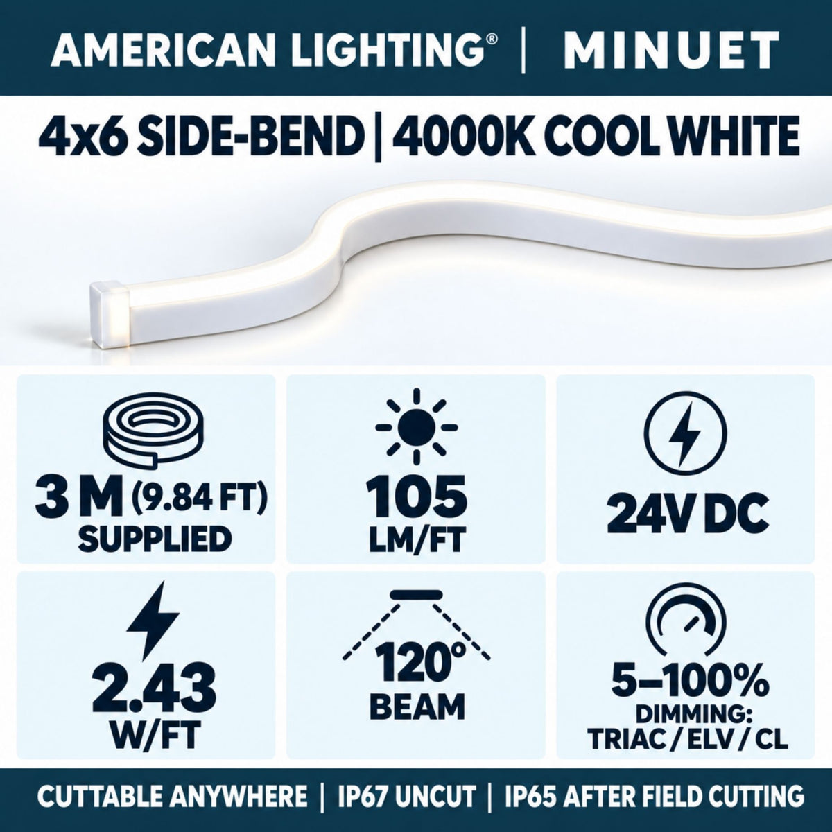 Cool white side-bend LED neon strip, 24V DC, 120° beam, 105 lm/ft