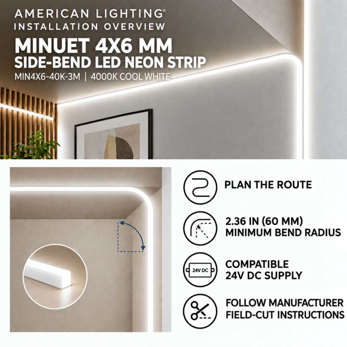 Installed cool white LED neon strip with corner radius bend under shelf