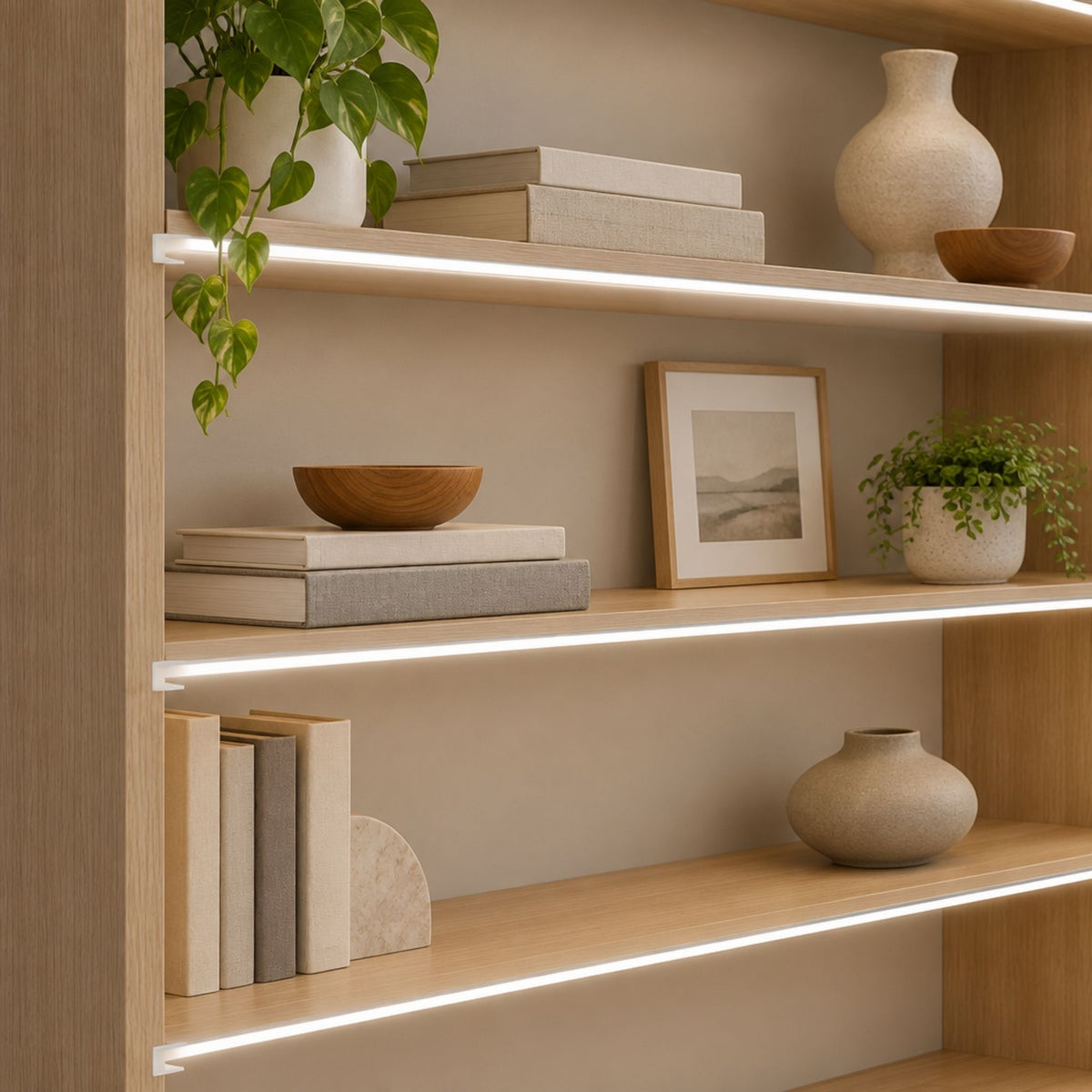 Light gray PC mounting channel installed under shelves with a continuous LED run