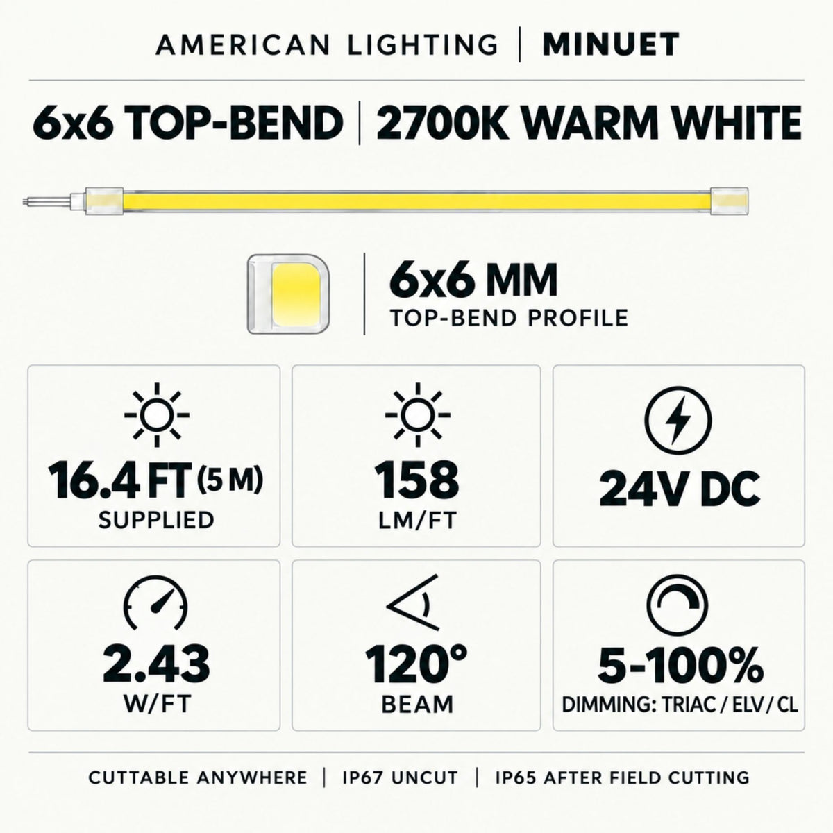 6x6 top-bend LED neon strip spec card for 2700K warm white, 24V DC