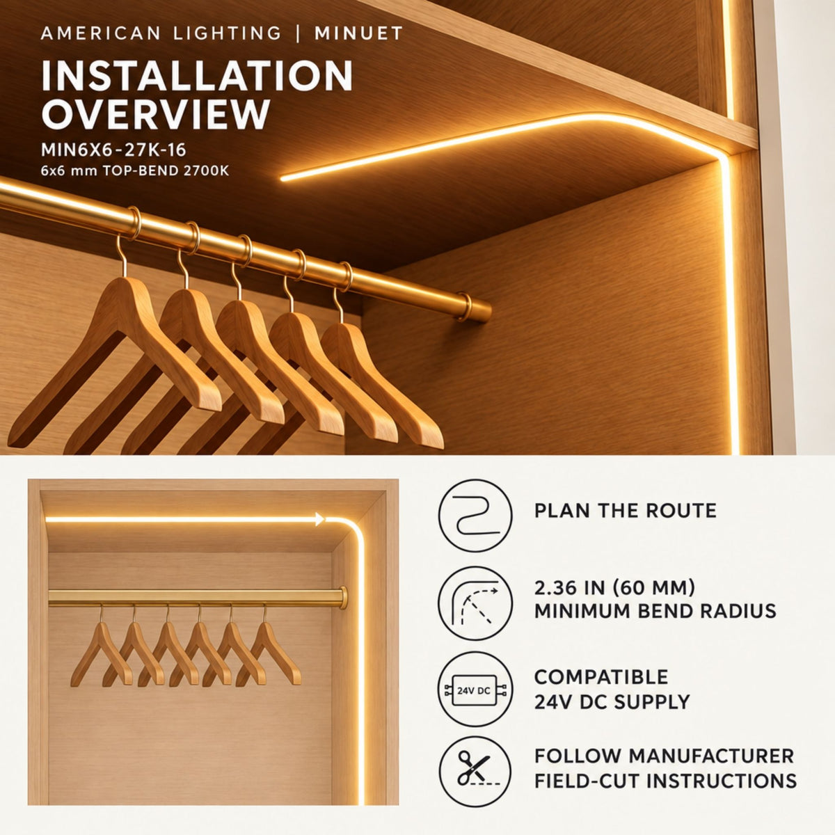 Warm white top-bend LED neon strip installation along ceiling edge lighting track