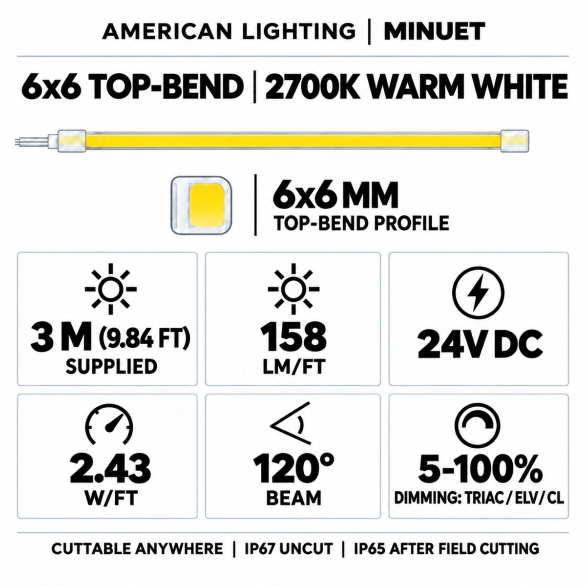 6x6 top-bend LED neon strip specs: 2700K warm white, 24V DC, 3 m supplied