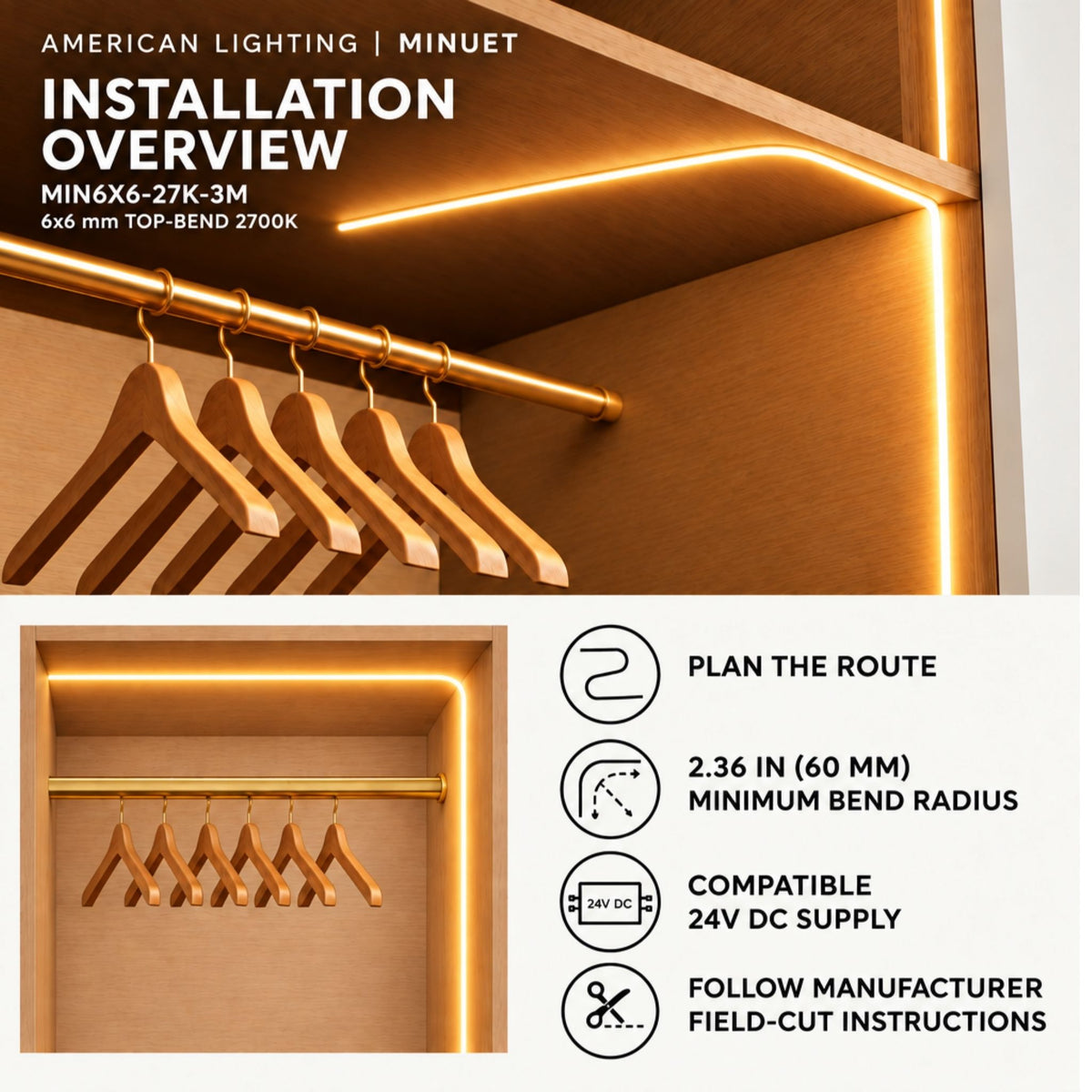 Warm white top-bend LED neon strip installation overview with glowing linear channel