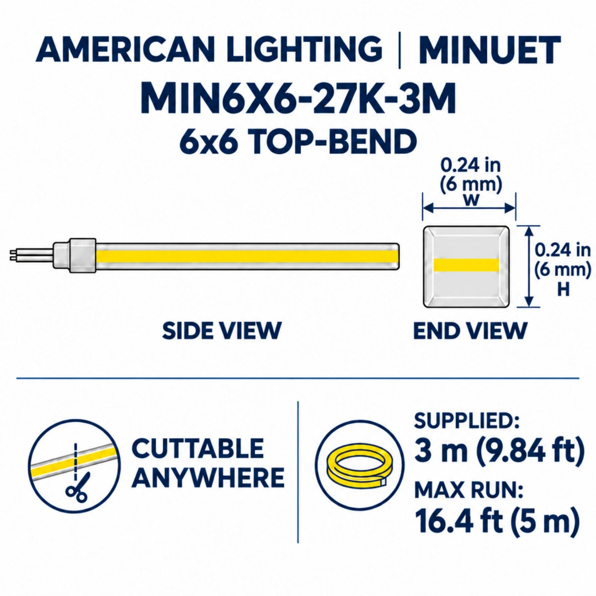 6x6 top-bend LED neon strip diagram with side and end views, warm white