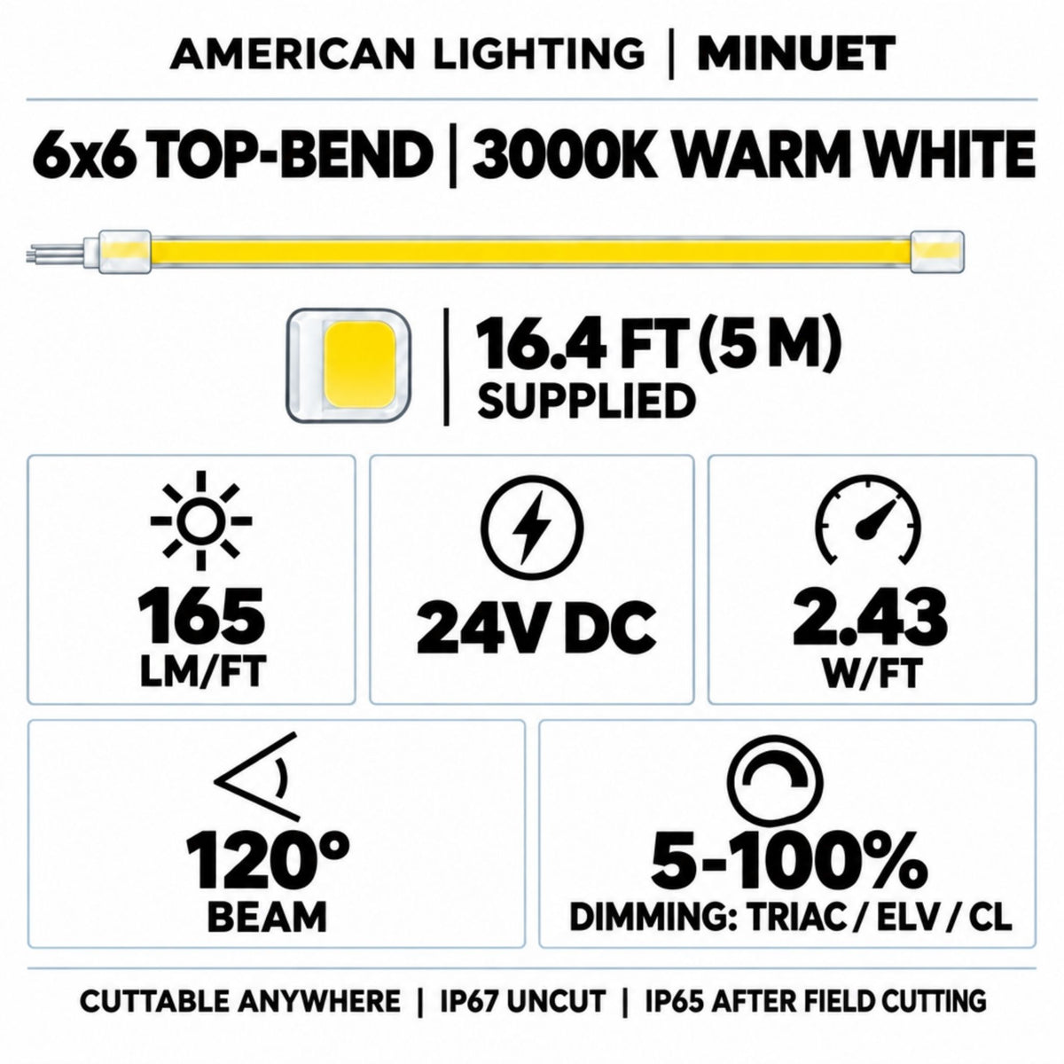 American Lighting Minuet LED neon strip spec graphic, 16.4 ft (5 m), 24V DC, dimmable