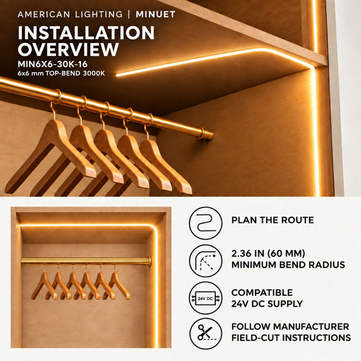 American Lighting Minuet LED neon strip installation with warm light linear run and bends