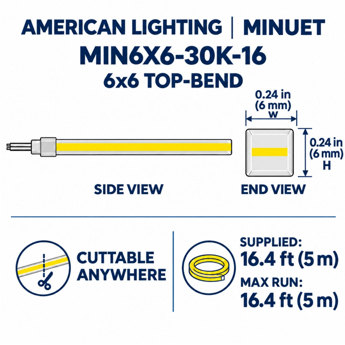American Lighting Minuet 6x6 top-bend LED strip diagram, side/end views, 16.4 ft (5 m)