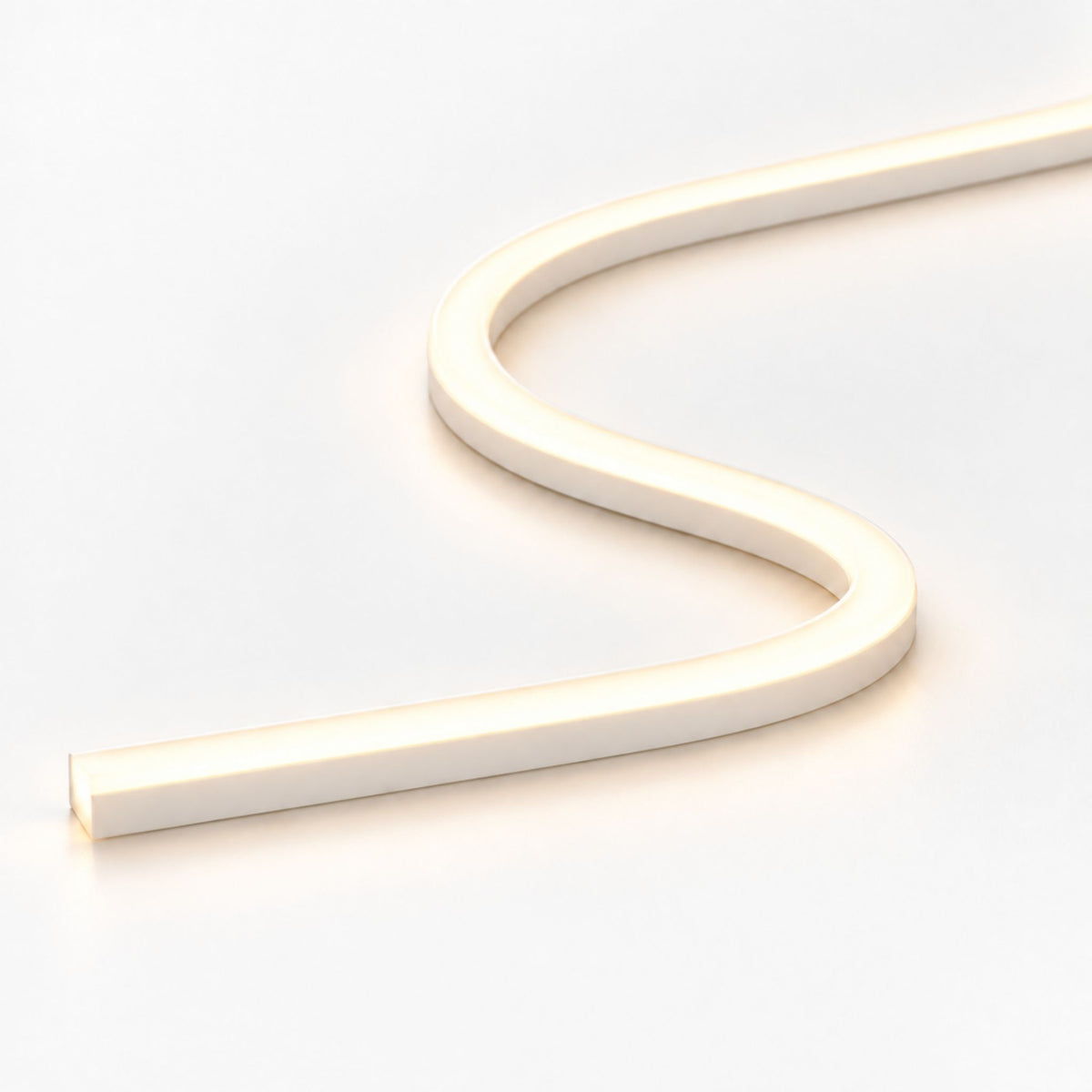 Warm white LED neon strip with top-bend profile and white housing, 6x6