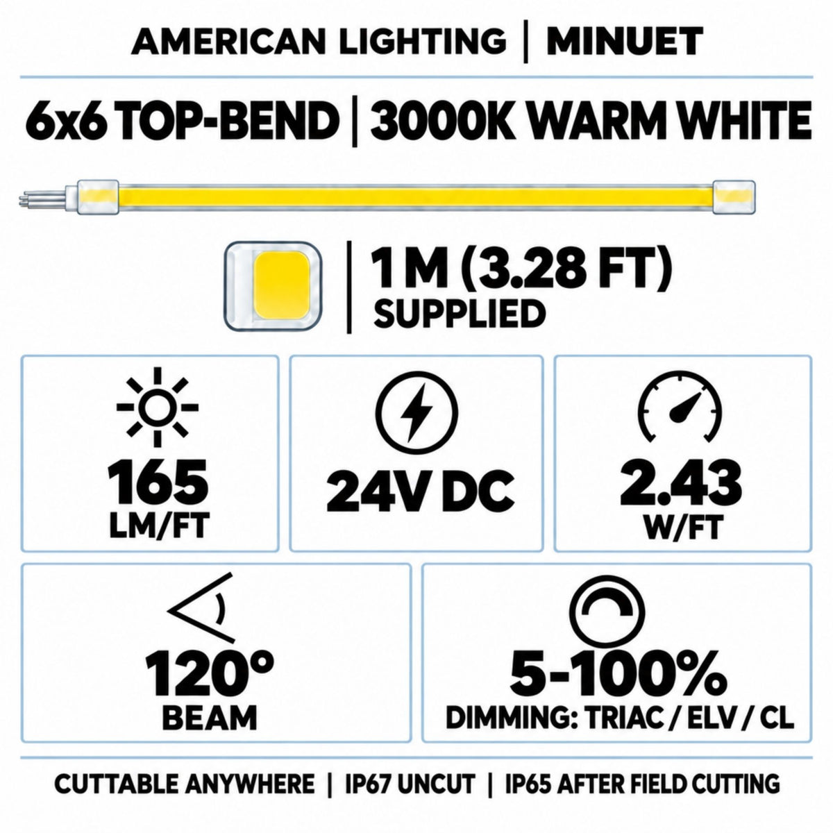 Warm white LED neon strip specification panel showing 1 m length and 24V DC