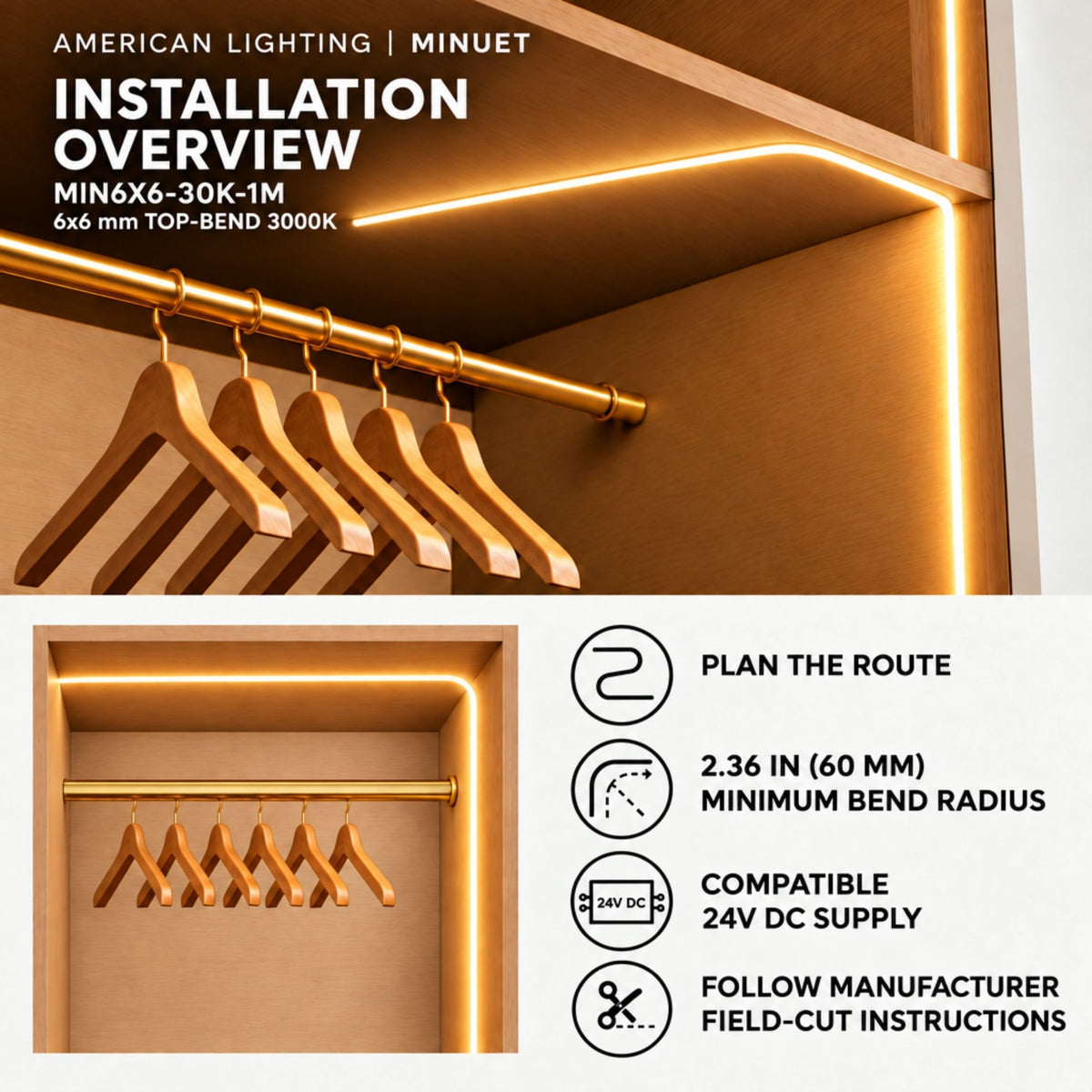 Installation overview of 6x6 top-bend warm white LED strip routed along a ledge