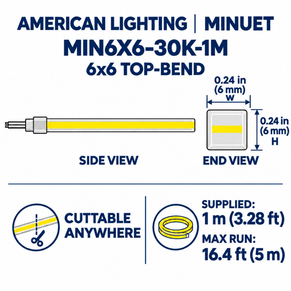 6x6 top-bend LED neon strip diagram with side and end profile views, 6 mm